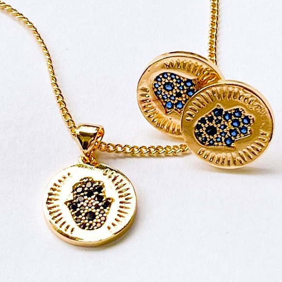 NWOT Hamsa Hand, Evil Eye Earring and Necklace with Charm set, Gold Filled 18" - Picture 1 of 14